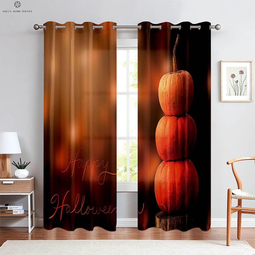 Cartoon Print Curtains, Horror Skull, Pumpkin, Bedroom, Living Room, Restaurant, Holiday Party, Decorative, 2 Pcs