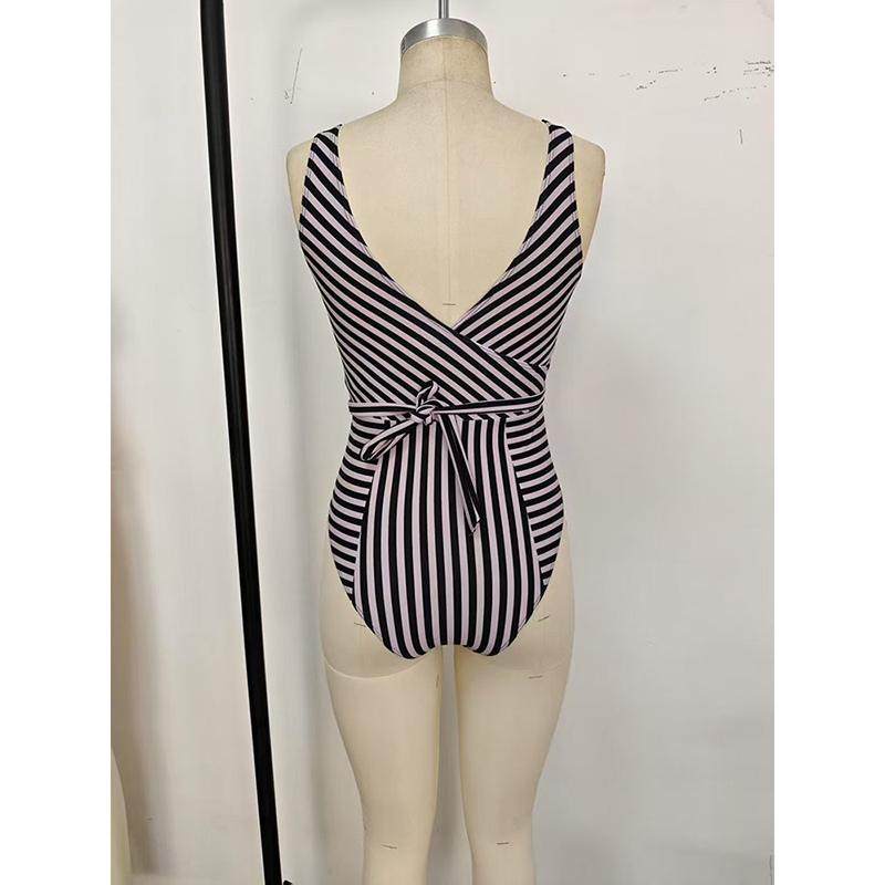 Jednoczęściowy strój kąpielowy w paski Vintage Stroje kąpielowe Kobiety Dekolt w serek Strój kąpielowy Kostiumy kąpielowe damskie Body na lato