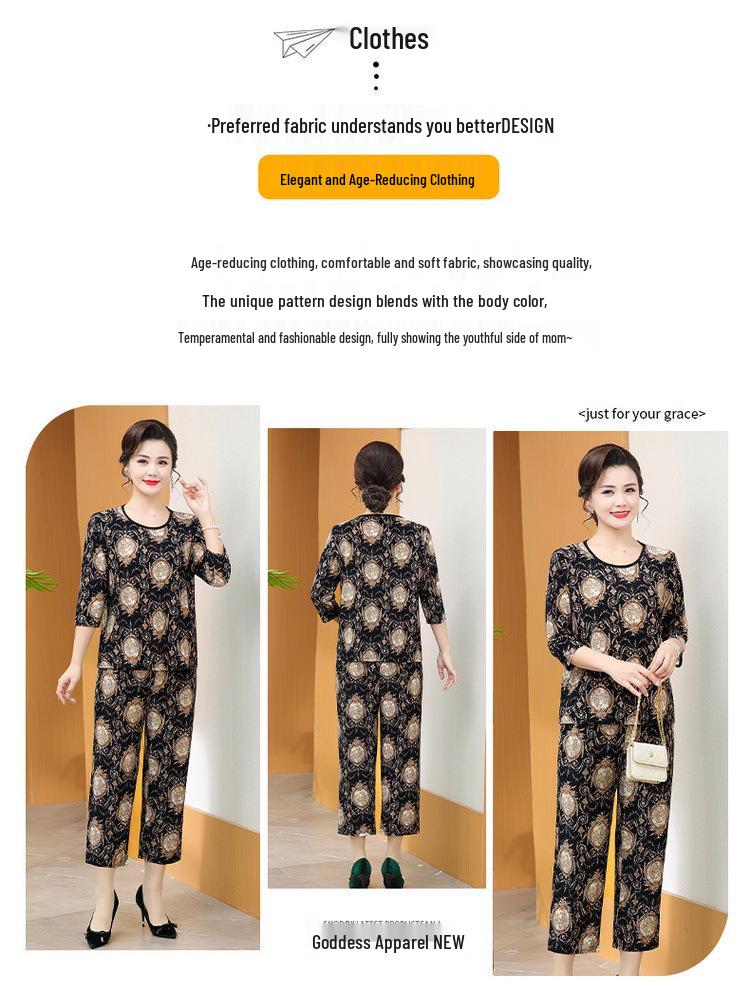 Stylish Summer Two-Piece Set: Loose-Fit Top & High-Waisted Wide-Leg Pants for Middle-Aged & Elderly Women