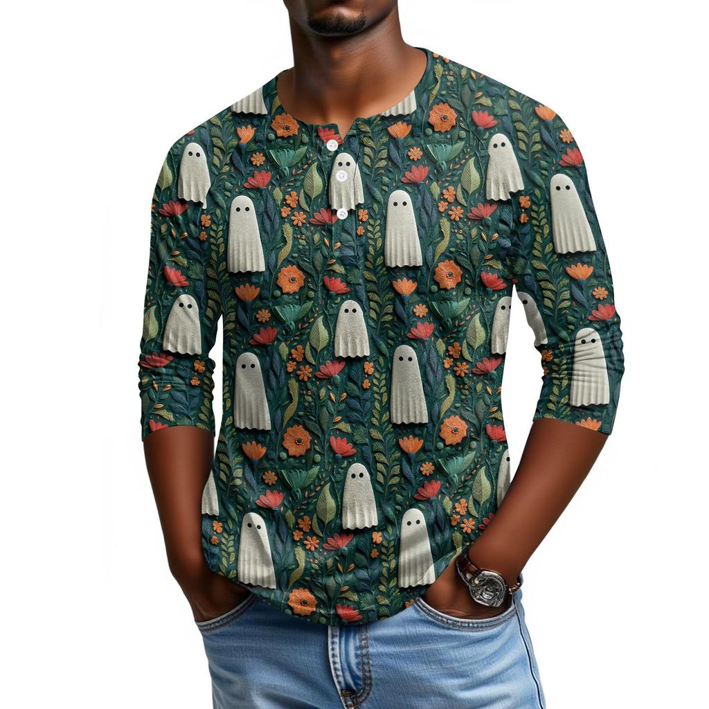 Men's Casual Halloween Print Henley Shirt Three Quarter Sleeve Raglan Top Lightweight Breathable Fabric Comfortable Fit