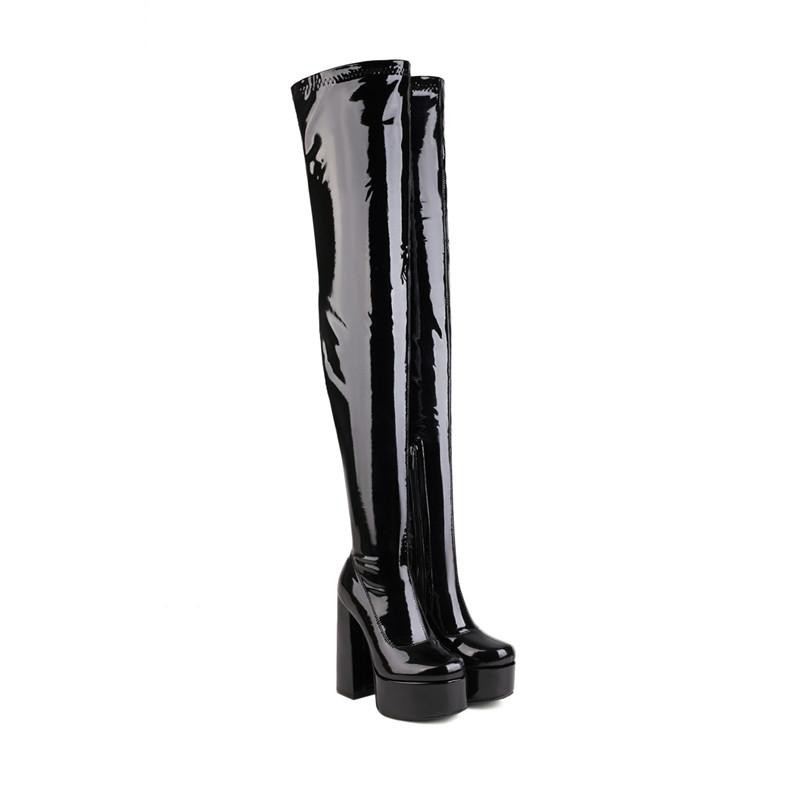 Stivali col tacco alto da donna, stivali sexy europei e americani impermeabili con plateau, tacco spesso, tinta unita, grandi dimensioni, al ginocchio