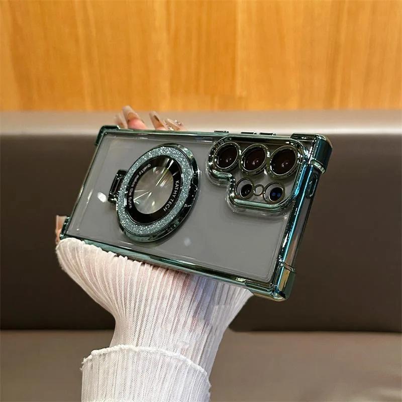 Luxusní třpytivé pouzdro s magnetickým držákem pro Samsung Galaxy A55 5G A35 a54 S24 Ultra S23 FE S22 PlusS21S20 Silikonový kryt odolný proti nárazům