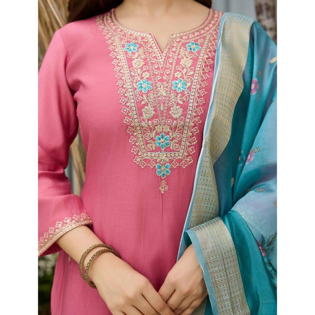 Women's Viscose Silk Embroidered Straight Kurta with Pant And Dupatta Sets