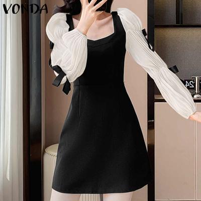 Women Summer Square Neck Tie Knot Long Sleeve Waist A-Line Dresses