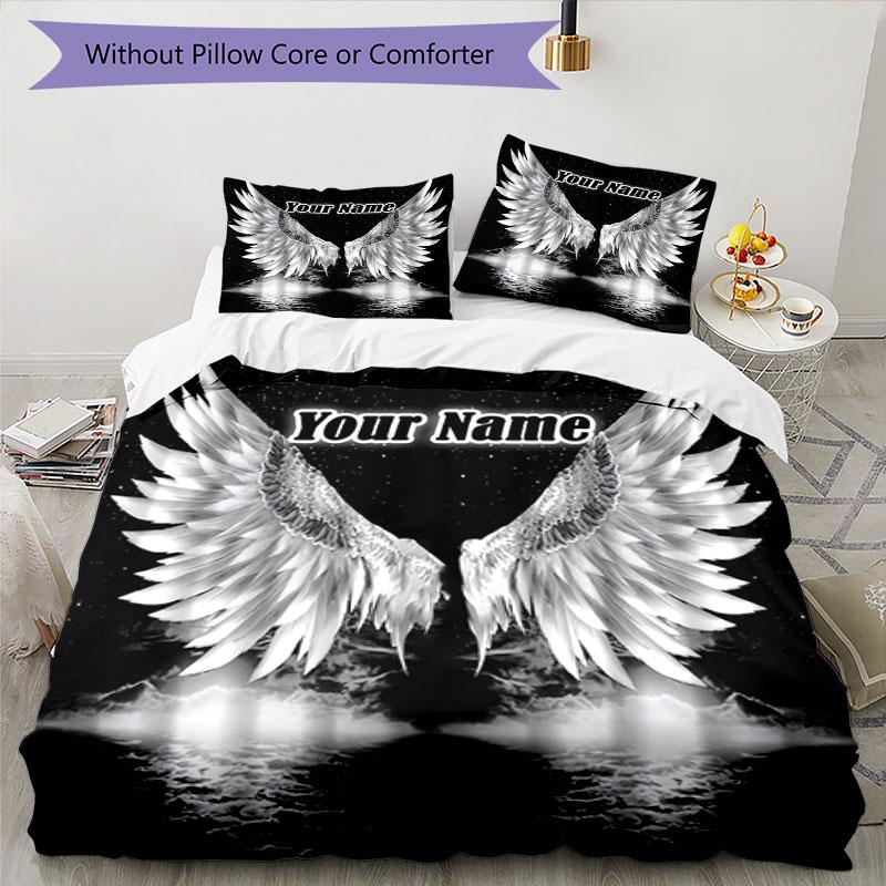 3PC Custom Name Angel Wings Bedding Set Duvet Cover Closure Includes 1 Duvet Cover & 2 Pillowcases for Bedroom