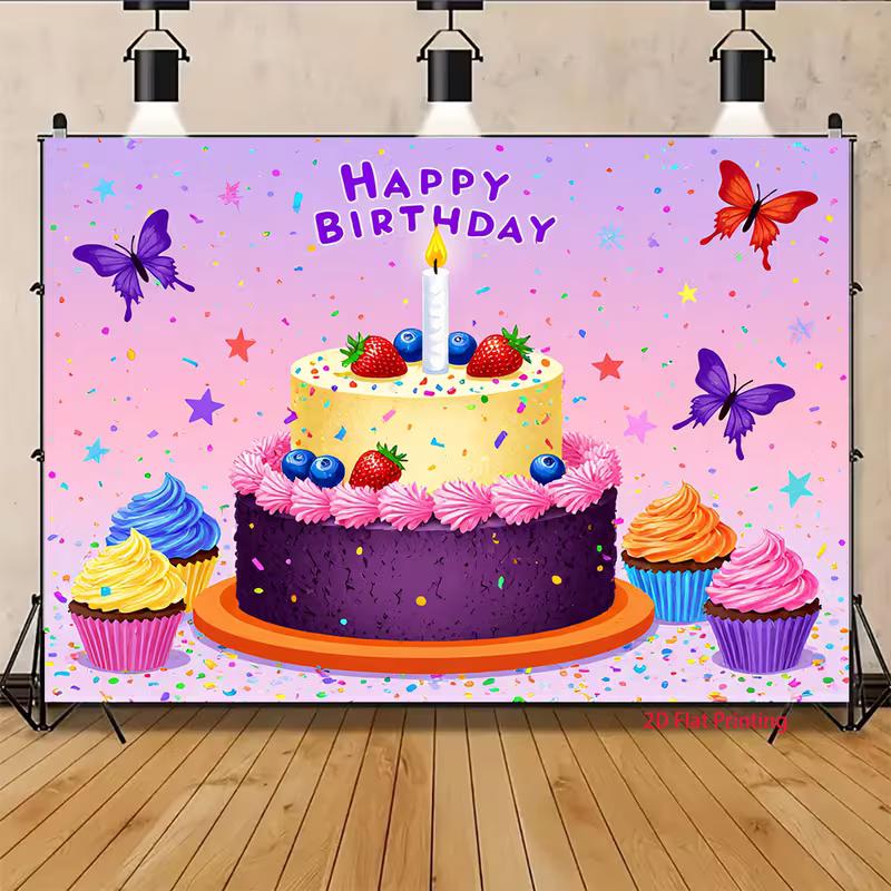 2D Happy Birthday Themed Backdrop, Cake, Cupcakes and Butterflies for Sweet Birthday Celebrations