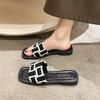 Black and White Plaid Slippers Women's Outer Wear 2024 Summer New Korean Version One-word Drag Flat Beach Shoes Sandals Women's Shoes