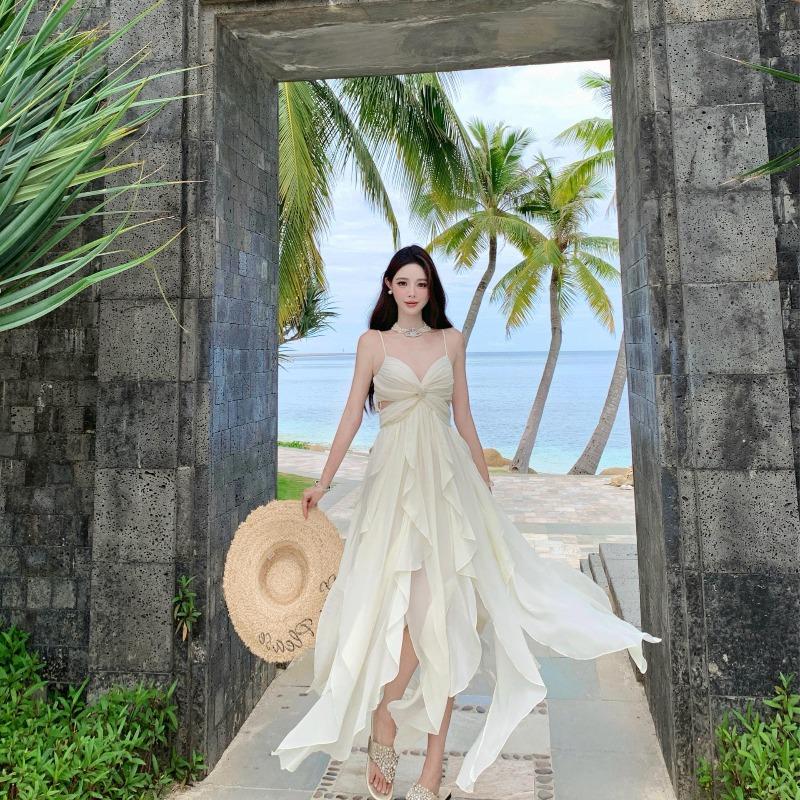 French Fairy Lotus Leaf Edge Suspender Dress Female Seaside Vacation Sexy Irregular Split Fairy Long Dress