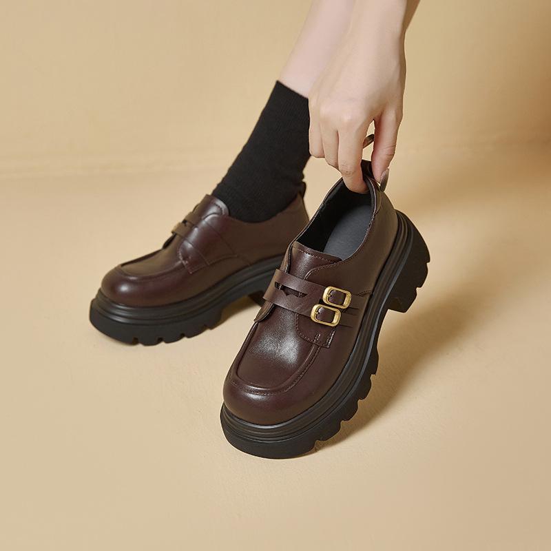 Small leather shoes women's 2025 autumn new round head platform single shoes women's black college style versatile loafers dress shoes