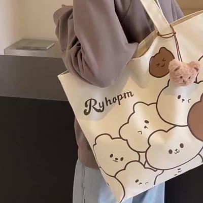 Large Capacity Japanese Cartoon Canvas Tote Bag - Versatile Zipper Sling Shoulder Bag for Students
