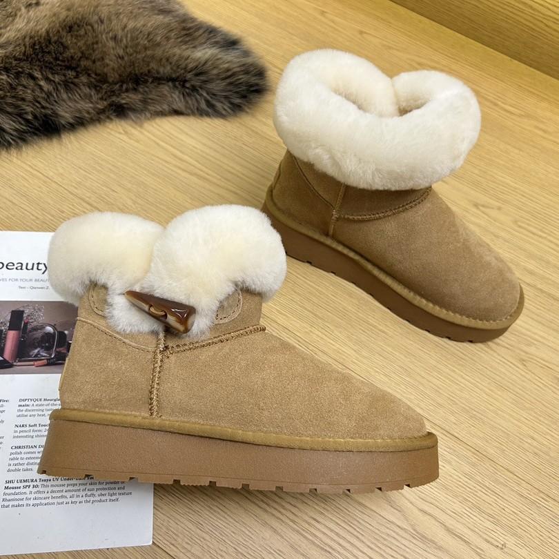 Fur Integrated Snow Boots Women's Short Boots Thick-soled Horn Buckle Women's Boots Autumn and Winter Velvet Warm Cotton Boots Genuine Leather Cotton