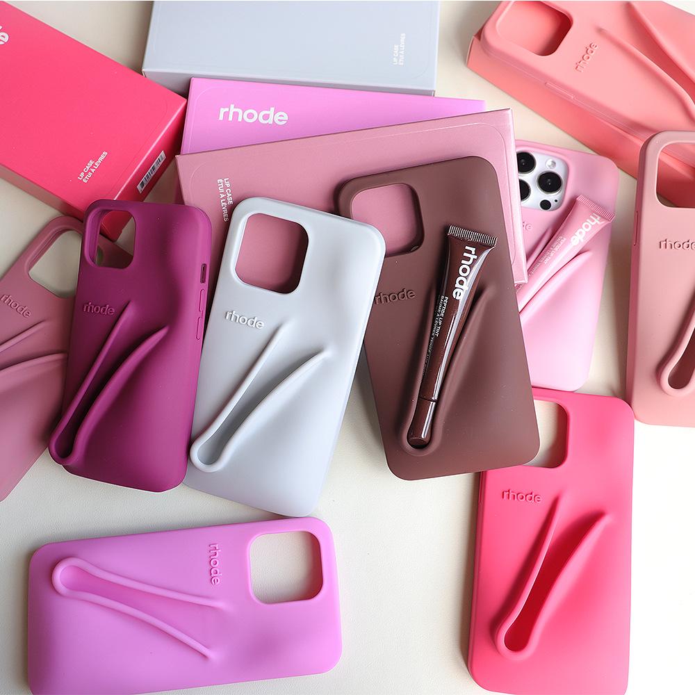 Rhode Silicone Full-Coverage iPhone 13/14/15 Pro Max Case with Lipstick Lip Gloss Design