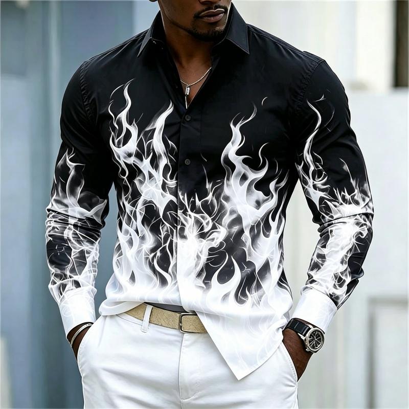 Men's shirt street style colorful flame printed long sleeved shirt with black background gradient color flame slimming shirt