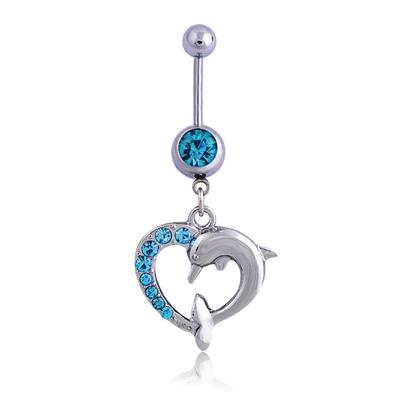 Bauchnabelschnalle aus Edelstahl mit Delphin-Liebe, eingelegter Diamant-Anhänger, Bauchnabelring, Bauchtanz-Zubehör, Nabelnagel
