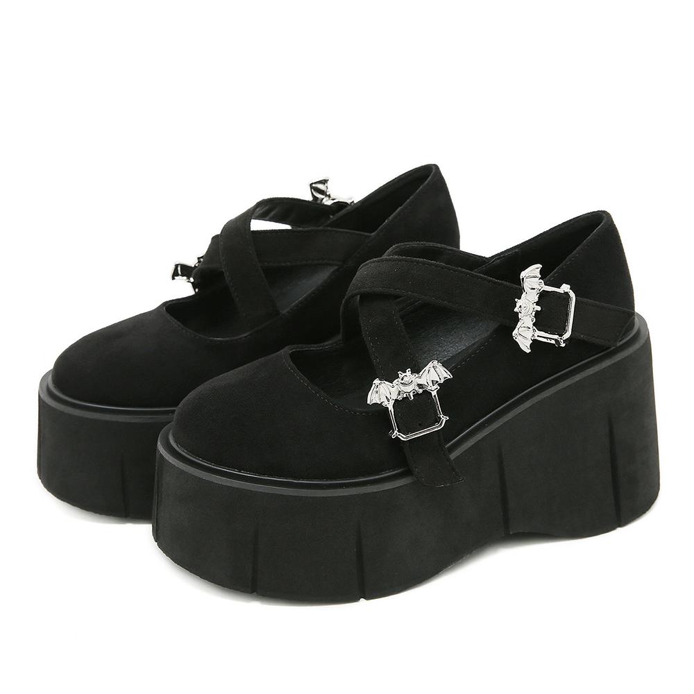 

Gdgydh Женские готические туфли Мэри Джейн на платформе, толстая подошва, водонепроницаемые каблуки-платформа, перекрестная пряжка, танкетка, дизайн с пряжкой в виде летучей мыши 40 чёрный