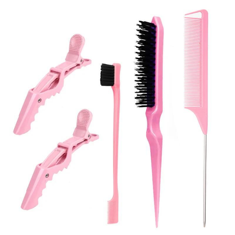5pcs/set Beauty-health Set Nylon Teasing Brush Rat Tail Comb Double Side Edge Brush Alligator Hair Clips Salon Styling Tools
