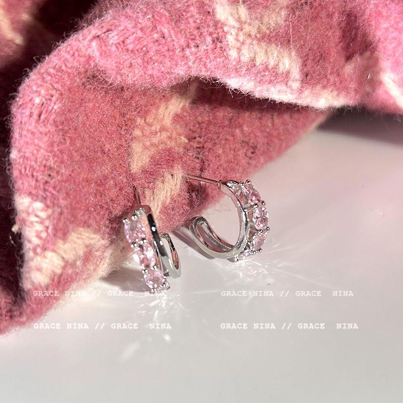 

C- Shaped Sweetheart Pink Double Layer Female Hot-Sale Earrings Double Pink Zircon Earrings