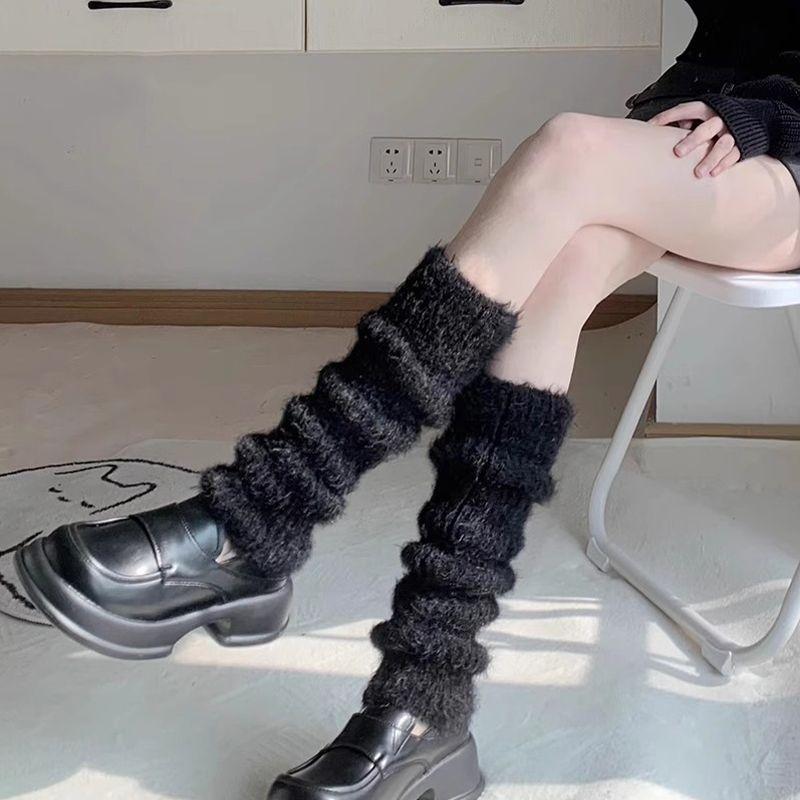 Women's Fuzzy Calf Socks Furry Slouch Leg Warmers Black and White Color Japanese JK Style Thickened and Warm for Autumn and Winter