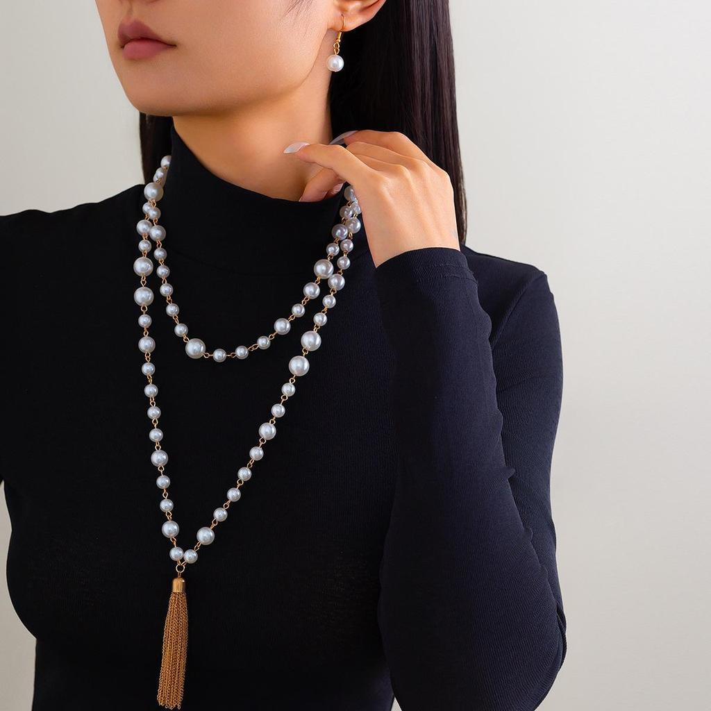 European-American Cold Style Pearl Beaded Tassel Necklace Set