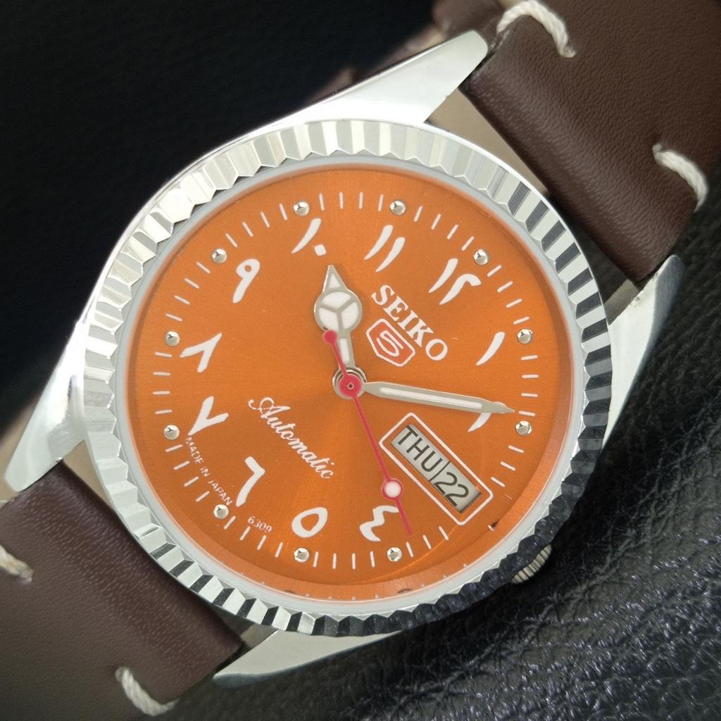 VINTAGE SEIKO 5 AUTOMATIC 6309A JAPAN MENS REFURBISHED ORANGE WATCH a442510-1
