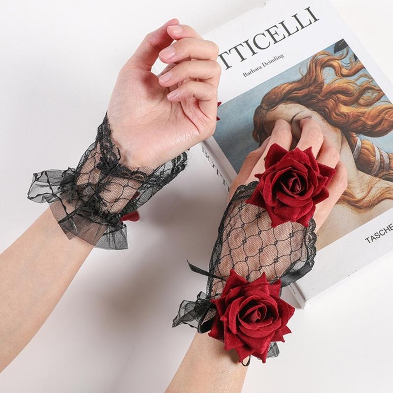 Sweet Ruffle Sleeves Girls Rose Wrist Cuffs for Woman Sweater Skirt Decorations Female Lace Wrist Cuffs Supplies
