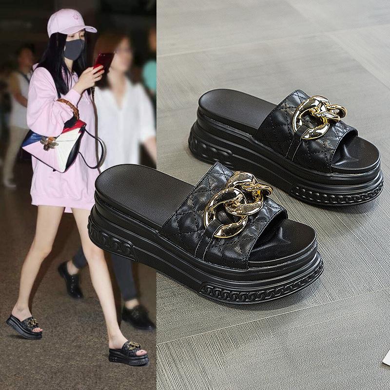 Sandals women's summer new slope heel thick-soled cool slippers outer wear horse buckle small fragrant style fashion Korean version trendy large size