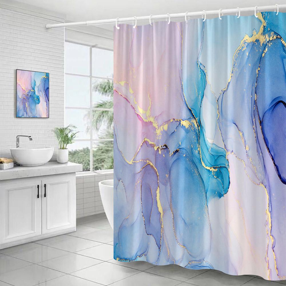 Abstract Blue Marble Shower Curtains Ink Art Textured Pattern Modern Polyester Fabric Home Bathroom Curtain Decor Set With Hooks