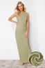 Women's Style Dress Black Textured Fabric Fitted Moon Sleeve Knitted Stretchy Midi Pencil Dress