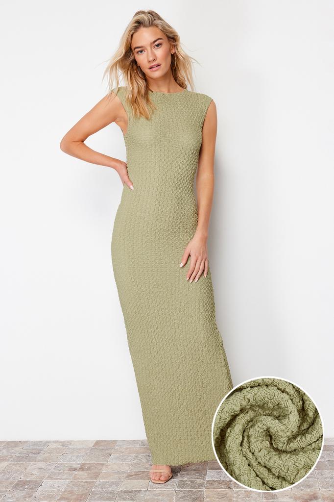 Women's Style Dress Black Textured Fabric Fitted Moon Sleeve Knitted Stretchy Midi Pencil Dress