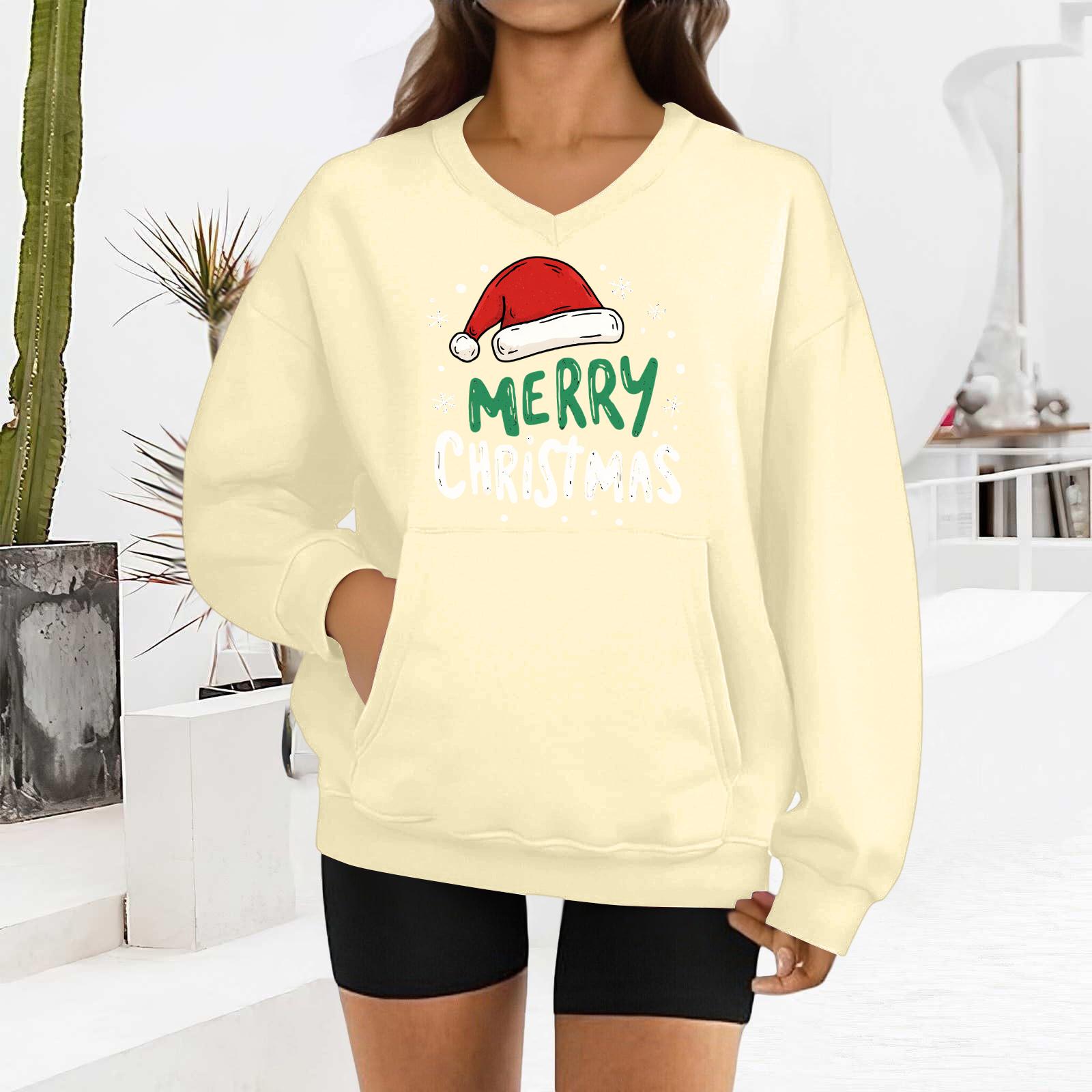 

Женский модный свитшот с длинными рукавами и V-образным вырезом с рождественским принтом L