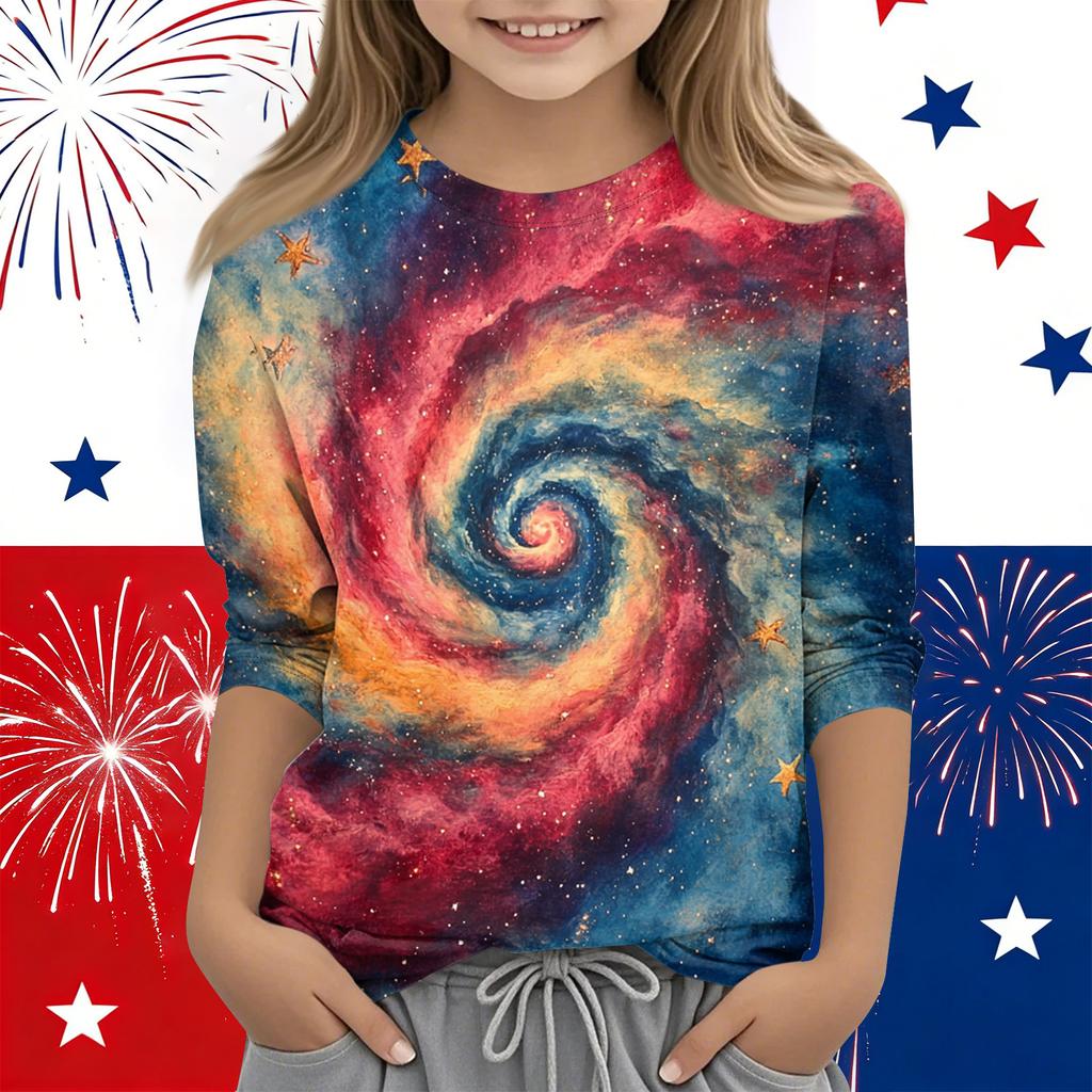 Print-Oberteile für junge Mädchen Rundhals 3/4-Ärmel T-Shirts Trendige Oberteile Outfit-T-Shirts Unabhängigkeitstag