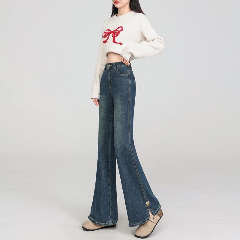 Spring Women's Plus Size Micro-Flare Elastic Jeans - Loose Slimming Split Cropped Pants for Petite