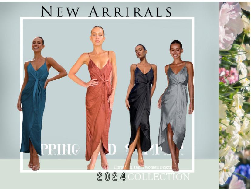 2024 Spring/Summer European and American Women's Solid Color Sling French High-End Dress
