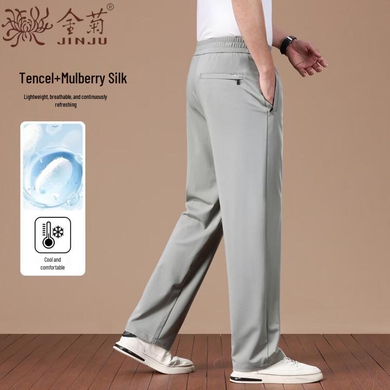 Men s Mulberry Silk Blend Summer Casual Straight-Leg Pants M