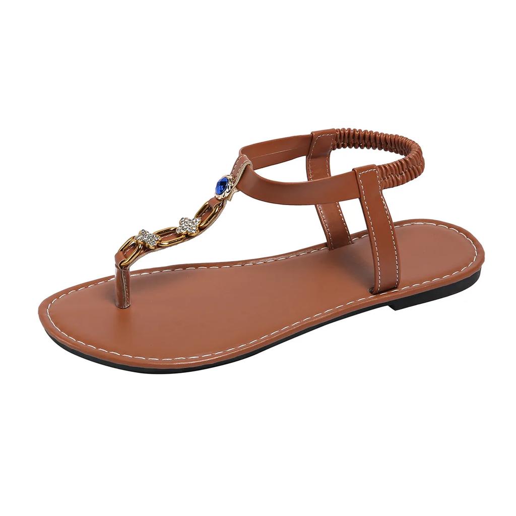 Fashion Woman Sandals Retro Bohemian 2025 Summer Comfort Shoes Women Beach Sandals Rhinestone Flower Flat Sandals Sandalias De Mujer