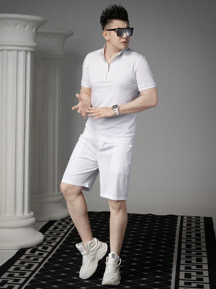 European-Style Solid Color Casual Suit Men's Half-Zip Polo Shirt 2025 Summer New Short-Sleeve Five-Point Pants Two-Piece Set