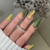 Almond Shape Faux Nails 24 Pcs Retro Green Velvet Press On Nails With Gold Bow Decor For Women Daily Party Wear