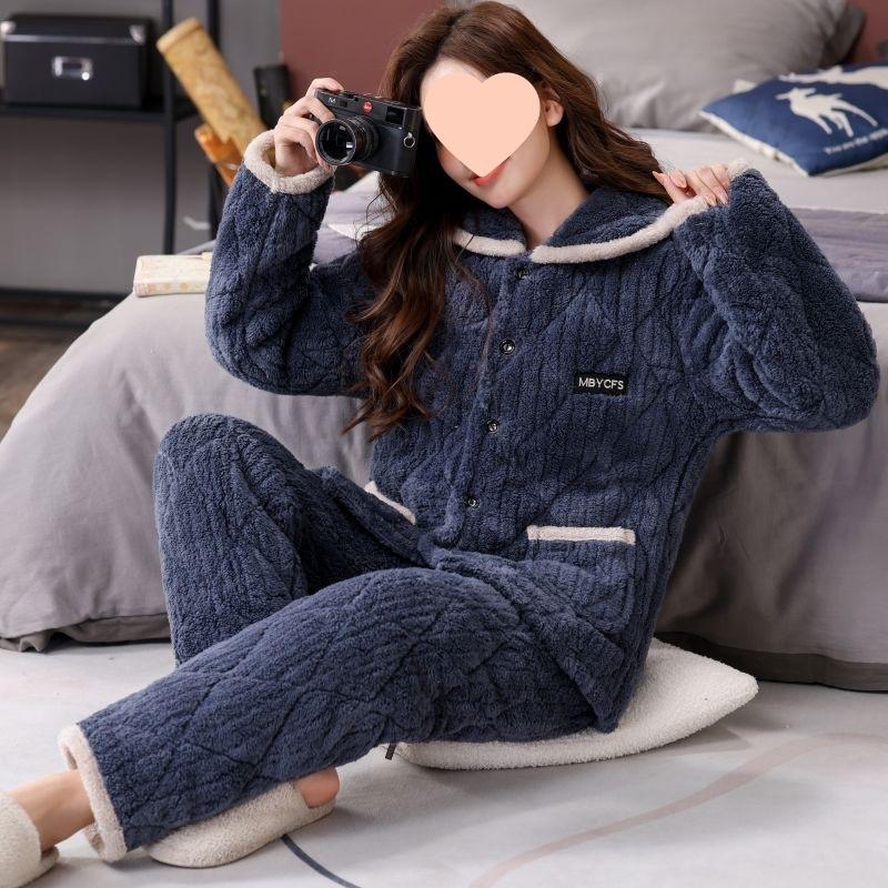 Pajamas women's winter warm winter fleece thickened coral fleece three layers of cotton autumn and winter women's loungewear