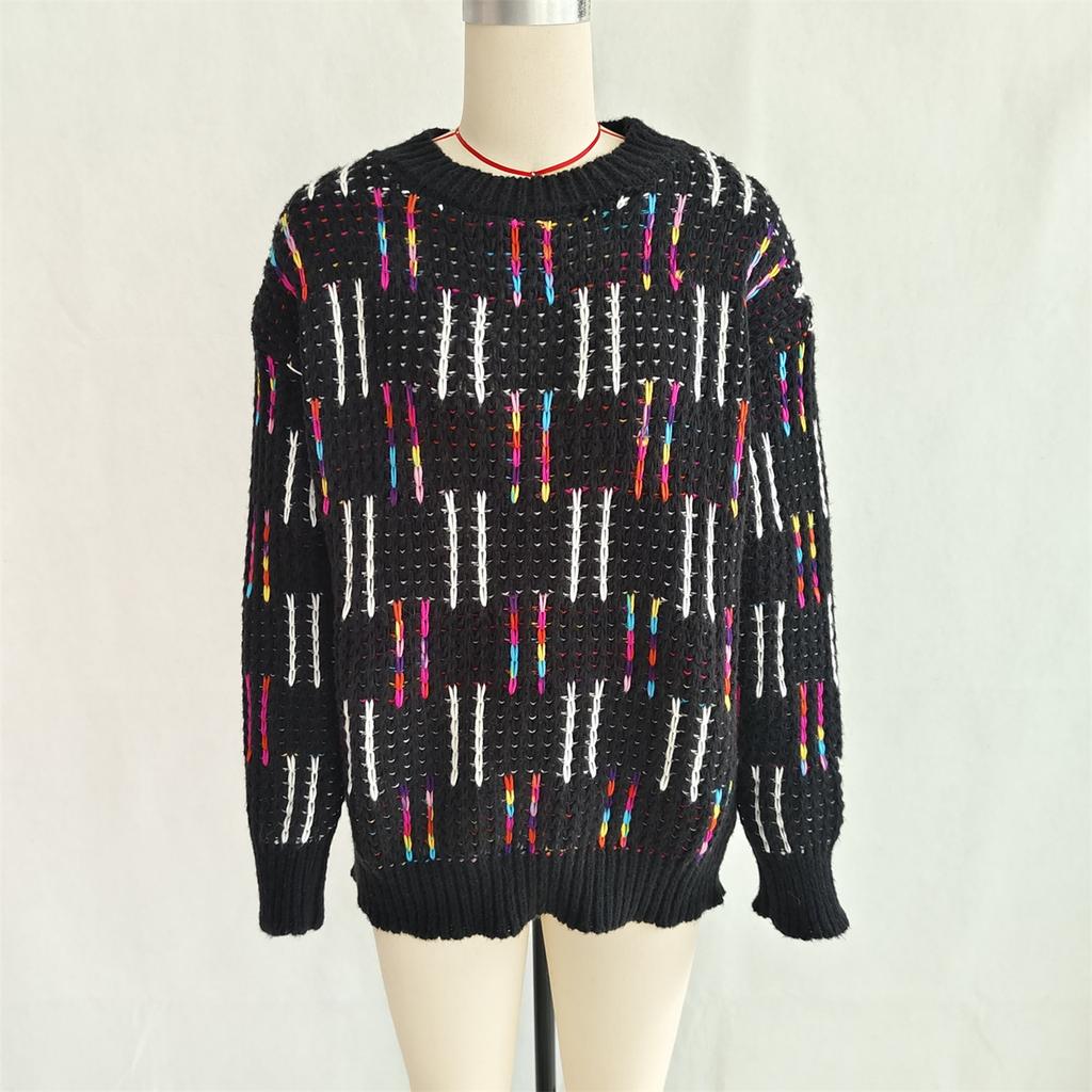Women's Casual Cute Style Colorful Striped Plaid Contrast Color Knitted Pullover Sweater