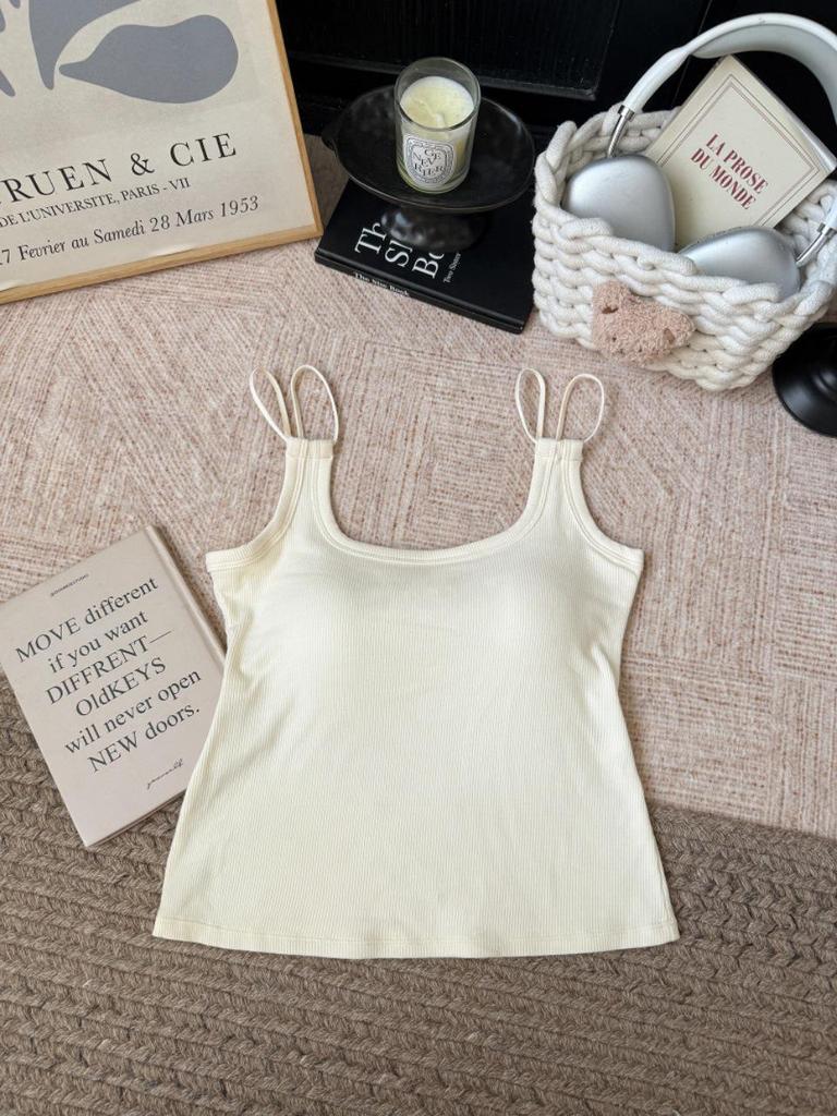 Korean Style Sexy Solid Color Padded Camisole with Double Shoulder Straps for Women - Comfortable One-Piece Inner Wear.