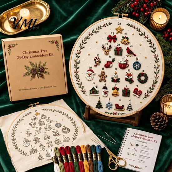 Beginner Friendly Embroidery Supplies 24 Days Christmas Tree Kit, DIY Sewing Kit for Beginners, Holiday Handmade Indoor Crafting Hobby Material