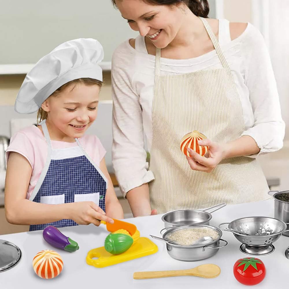 Play Kitchen Accessories, Kids Kitchen Pretend Play Toys, Kitchen Set with Stainless Steel Cooking Utensils Cookware Pots and Pans Set Healthy
