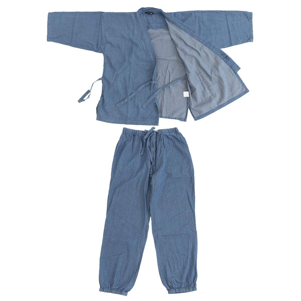 KYOETSU Men's Washable Denim Samue (Work Clothes), Solid Color, 100% Cotton, Year-Round, Light Blue (Size L)