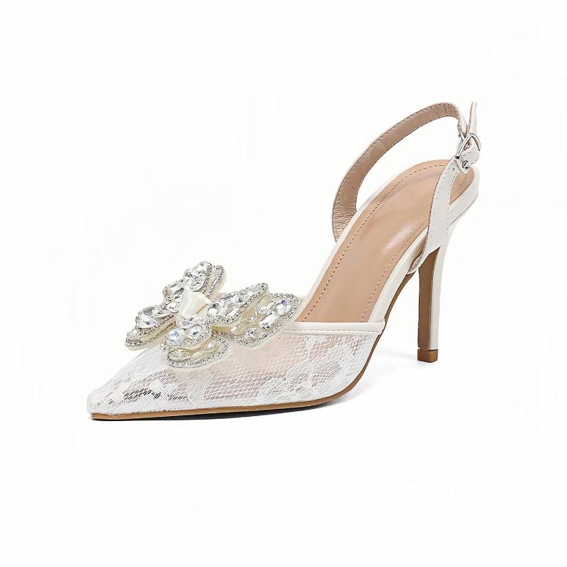 Summer Women's High Heels Pointed Toe Fashionable Stilettos Sexy Versatile Bow Rhinestones Closed Toe Sandals