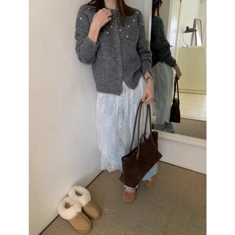 

Новый дизайн милый кардиган из трикотажа с бисером, круглым вырезом, однобортный, с длинными рукавами, женственный пушистый плащ one size fits all серый