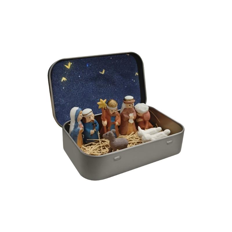 

Set of Small Nativity Scene Figurines Resin Texture with Iron Case for Portable Christmas Decors for Home Office Travel 1