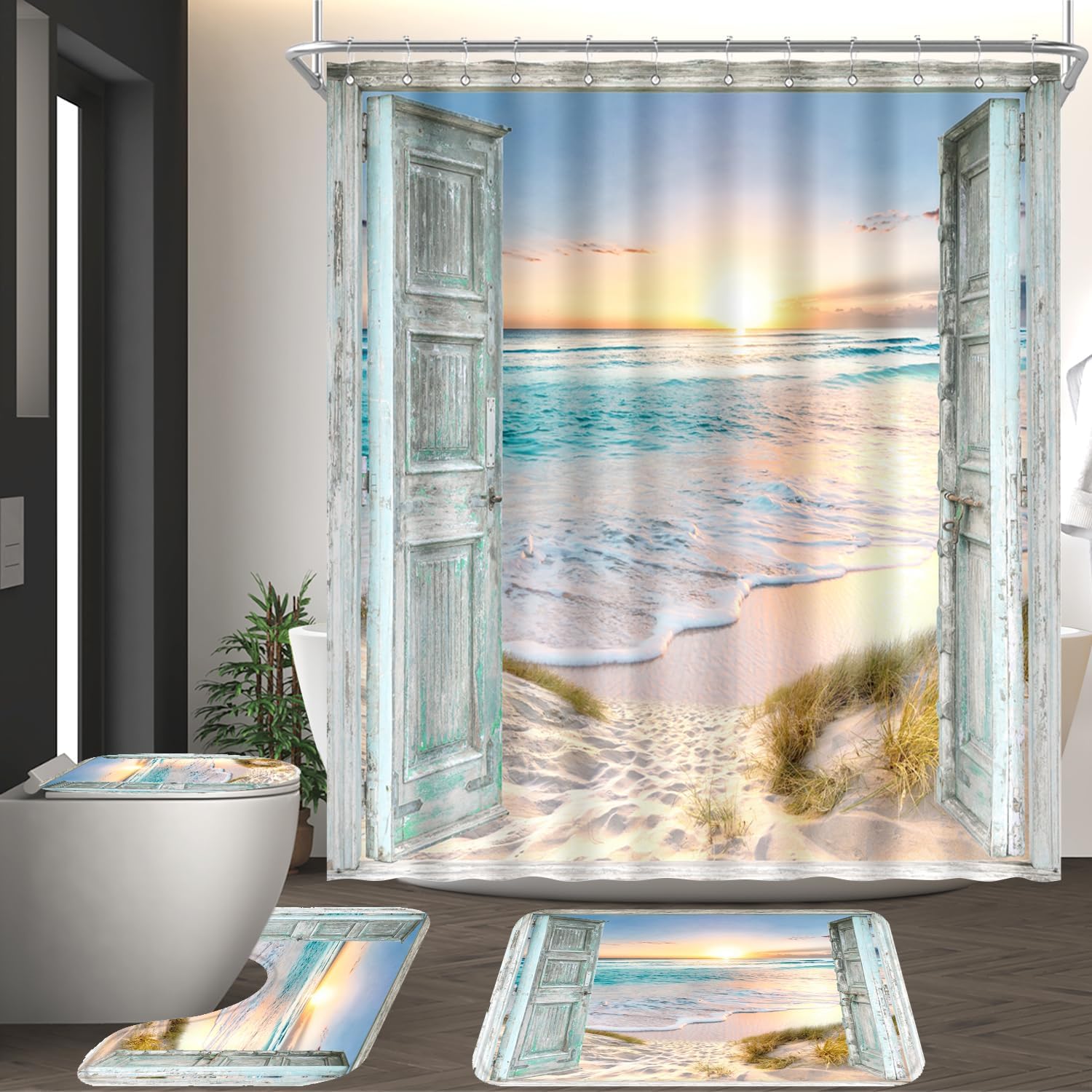 

Beach Shower Curtain Coastal Ocean Waves Sea Turtle Seaside Shell Starfish Teal Blue Bathroom Decor Polyester Waterproof Fabric W60H190(CM)-1 Pcs