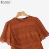 ZANZEA Elegant Ladies Round Neck Short Sleeve Collect Waist Patchwork Lace Dress