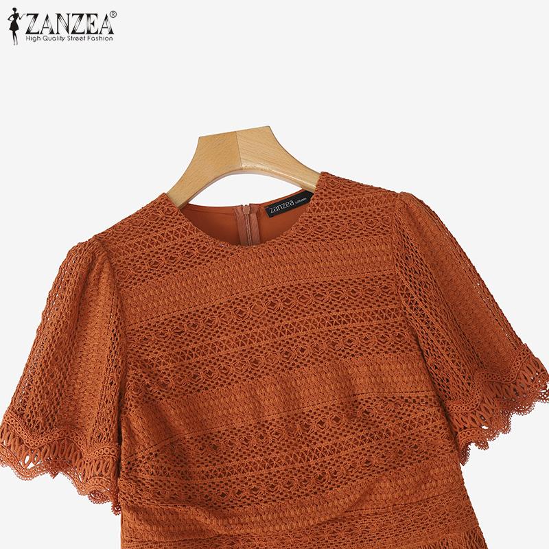 ZANZEA Elegant Ladies Round Neck Short Sleeve Collect Waist Patchwork Lace Dress