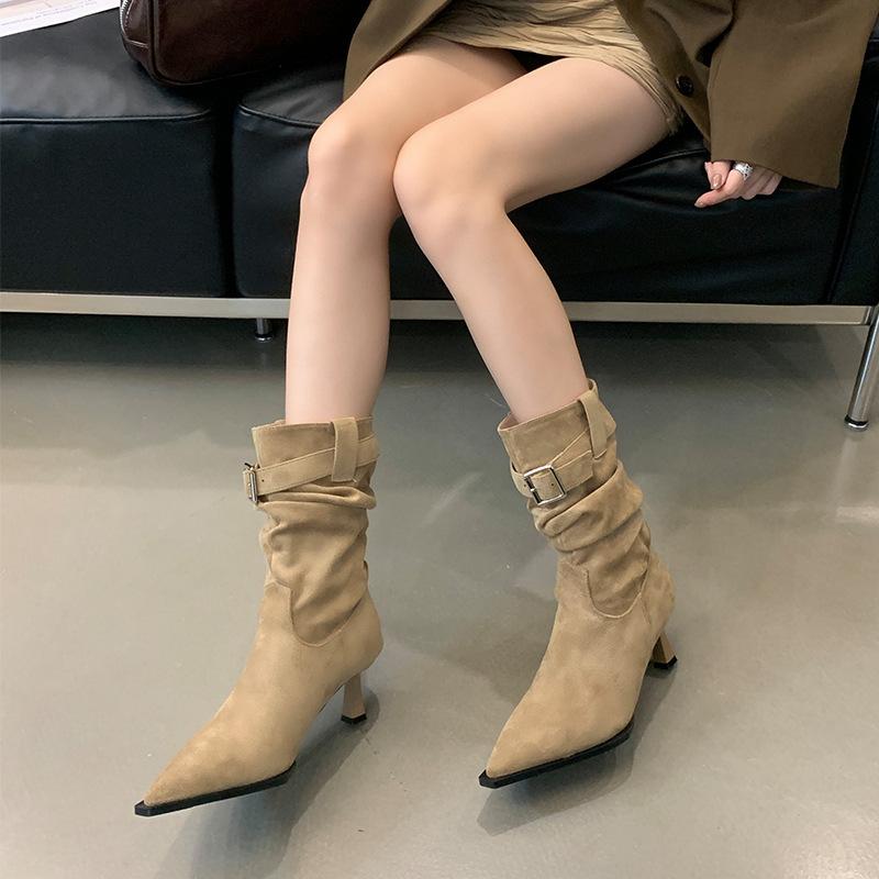 Miting Fashion Boots Women's 2025 Autumn and Winter New Temperament Thin Boots Leopard Print Pointed Thin Heel Suede High Heel Short Boots
